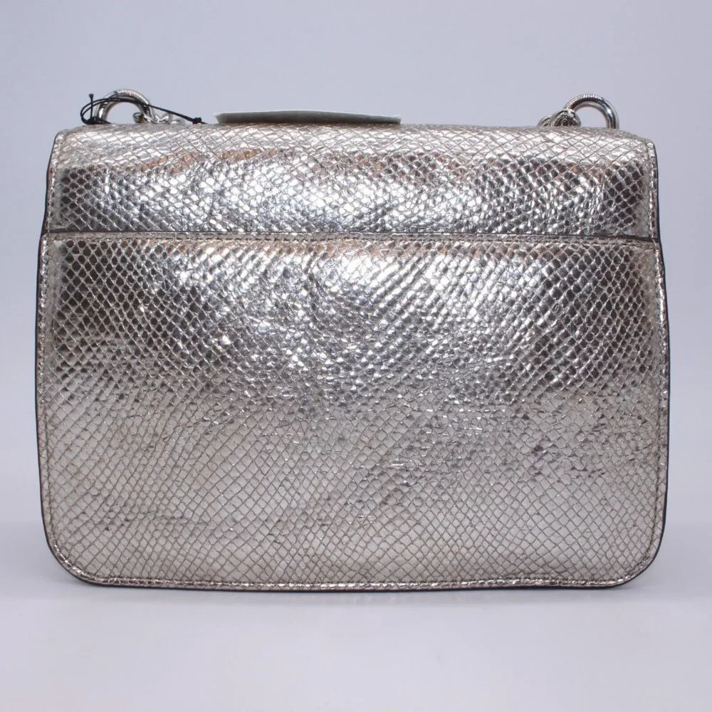 Michael Kors Silver Snake Mott Leather Chain Swag Shoulder Crossbody Bag Purse